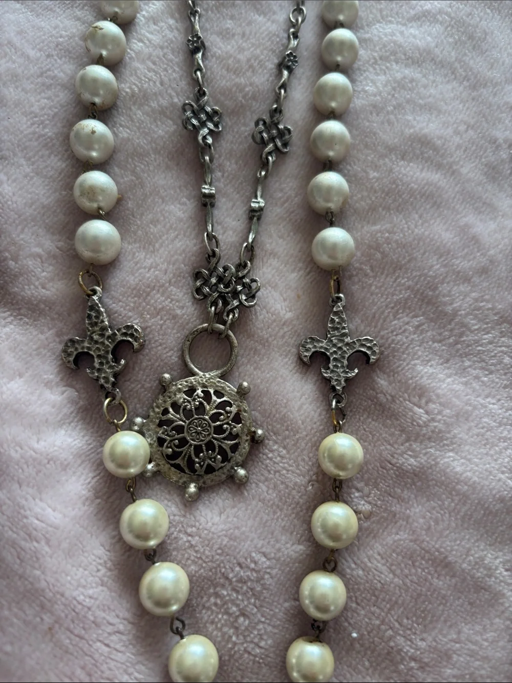 Free People White Pearl Layered Necklace with Gold & Silver Medallion